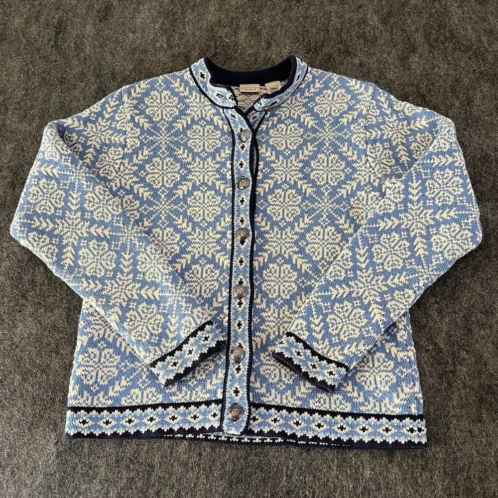 LL Bean Nordic Fair Isle Sweater Women Size Sm Metal Buttons Snowflake Cardigan